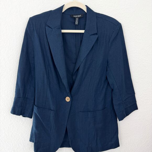 Ellen Tracy Womens Blazer Jacket Size S Linen Blend Lightweight Dark Blue - Picture 1 of 7